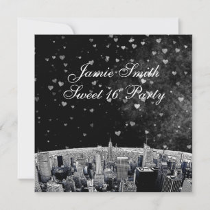 Invitación Etched NYC Skyline #2 Negro Blanco Corazón Dulces