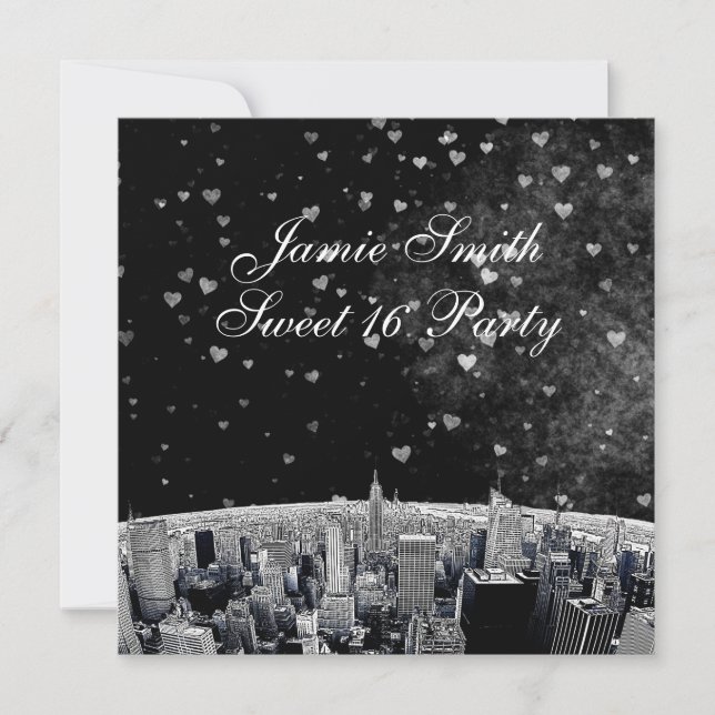 Invitación Etched NYC Skyline #2 Negro Blanco Corazón Dulces  (Anverso)