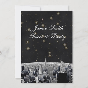 Invitación Etched NYC Skyline 2 Negro Estrella Dorada Dulce 1