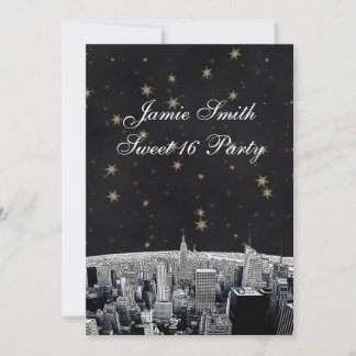 Invitación Etched NYC Skyline 2 Negro Oro Estrella Dulce 16 V