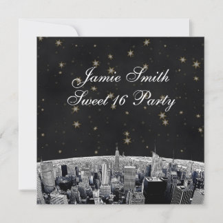 Invitación Etched NYC Skyline 2 Negro Oro Estrella Dulces 16