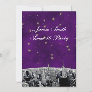 Invitación Etched NYC Skyline 2 Purple Gold Star Dulces 16 V