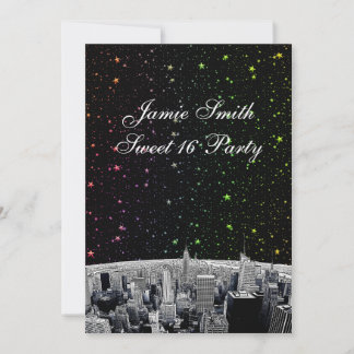 Invitación Etched NYC Skyline 2 Rainbow Star Dulces 16 V