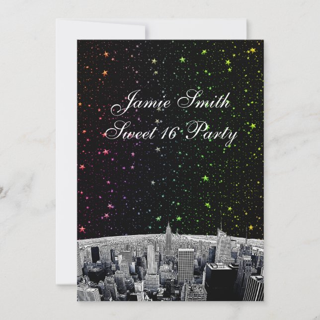 Invitación Etched NYC Skyline 2 Rainbow Star Dulces 16 V (Anverso)