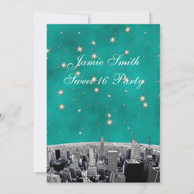 Invitación Etched NYC Skyline 2 Turquesa Estrella Dulce 16 V (Anverso)