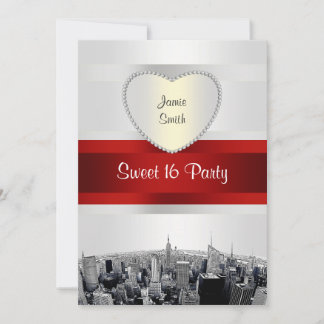 Invitación Etched NYC Skyline 2H Blanco, Cinta Roja Sweet 16