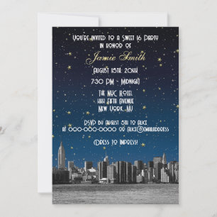 Invitación Etched NYC Skyline #3 Estrellado Blu Atardecer Dul