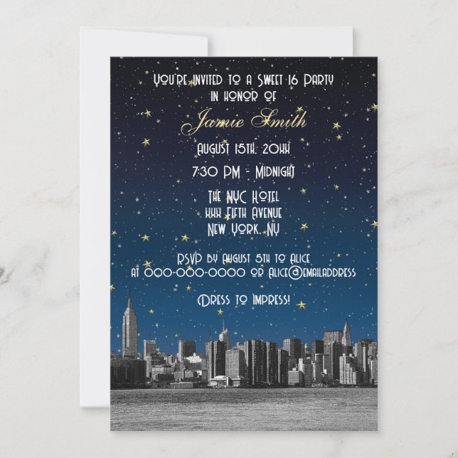 Invitación Etched NYC Skyline #3 Estrellado Blu Atardecer Dul (Anverso)