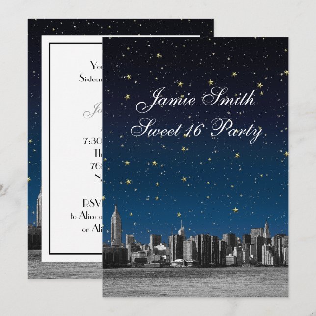 Invitación Etched NYC Skyline #3 Estrellado Blu Atardecer Dul (Anverso / Reverso)