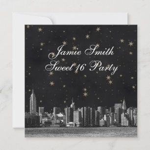 Invitación Etched NYC Skyline #3 Negro Oro Estrella Dulces 16
