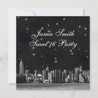 Invitación Etched NYC Skyline #3 Negro Oro Estrella Dulces 16
