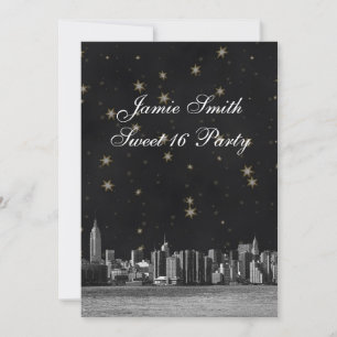 Invitación Etched NYC Skyline #3 Negro Oro Estrella Dulces 16