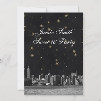 Invitación Etched NYC Skyline #3 Negro Oro Estrella Dulces 16