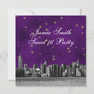 Invitación Etched NYC Skyline #3 Púrpura Estrella Dorada Dulc