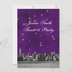 Invitación Etched NYC Skyline #3 Púrpura Estrella Dorada Dulc