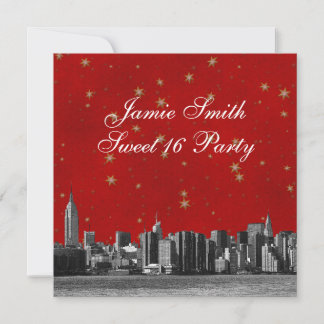 Invitación Etched NYC Skyline #3 Rojo Dorado Estrella Dulces