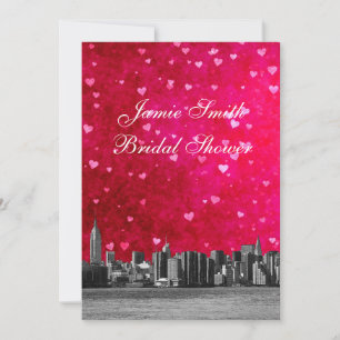 Invitación Etched NYC Skyline Hot Pnk Red Hrt Bridal Shower V