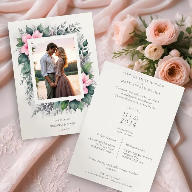 Invitación Etéreo y encantador foto de flores suaves botánica (Ethereal & Enchanting Botanical Soft Floral Photo Frame in Pink Wedding Invitations Cards.)