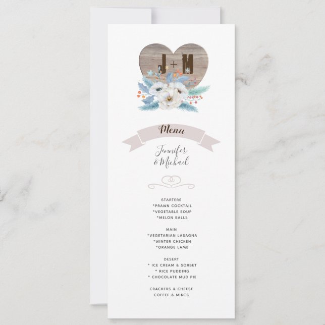 Invitación Eternal Love White Flower Blue Leaf Boda MENU (Anverso)