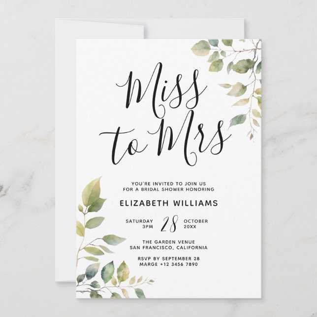Invitación Ethereal Branches Miss To Mrs Bridal Shower Fiesta (Anverso)