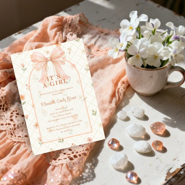 Invitación Ethereal Coquette Peach Bow Baby Shower TMF26 (Ethereal Coquette Peach Bow Baby Shower Invitation with Elegant Lattice and Watercolor Effect.)