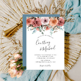 Invitación Ethereal Dusty Blue, Boda floral Rubor Peach