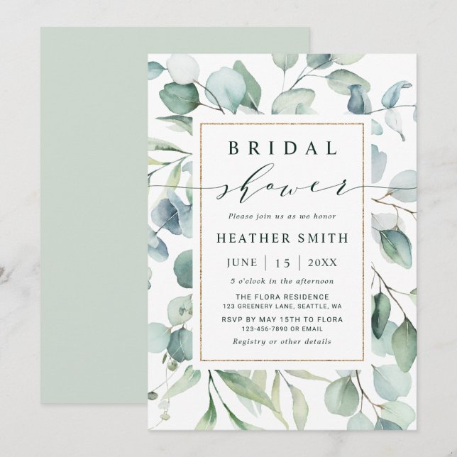 Invitación Ethereal Eucalyptus Gold Greenery Bridal Shower (Anverso / Reverso)