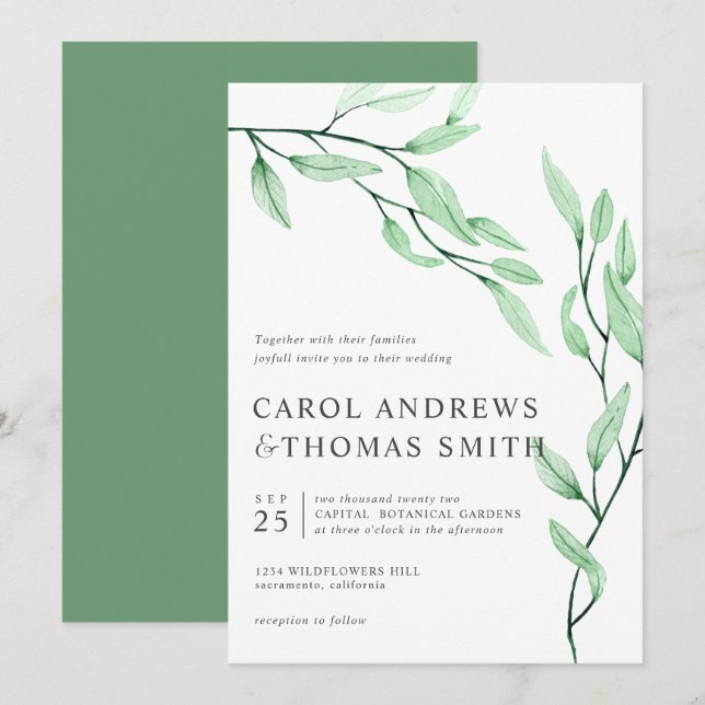 Invitación Ethereal Green | boda de hojas botánicas verticale (Anverso / Reverso)