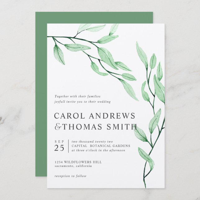Invitación Ethereal Green | boda de hojas botánicas verticale (Anverso / Reverso)