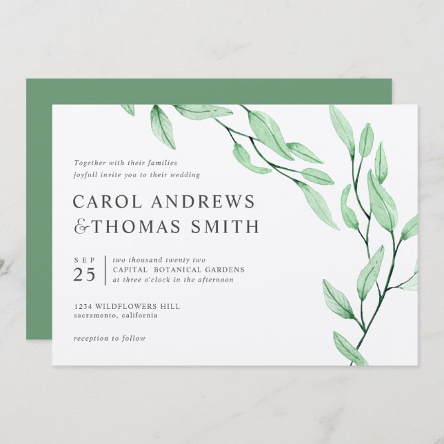 Invitación Ethereal Green | Moda boda de hojas botánicas (Anverso / Reverso)