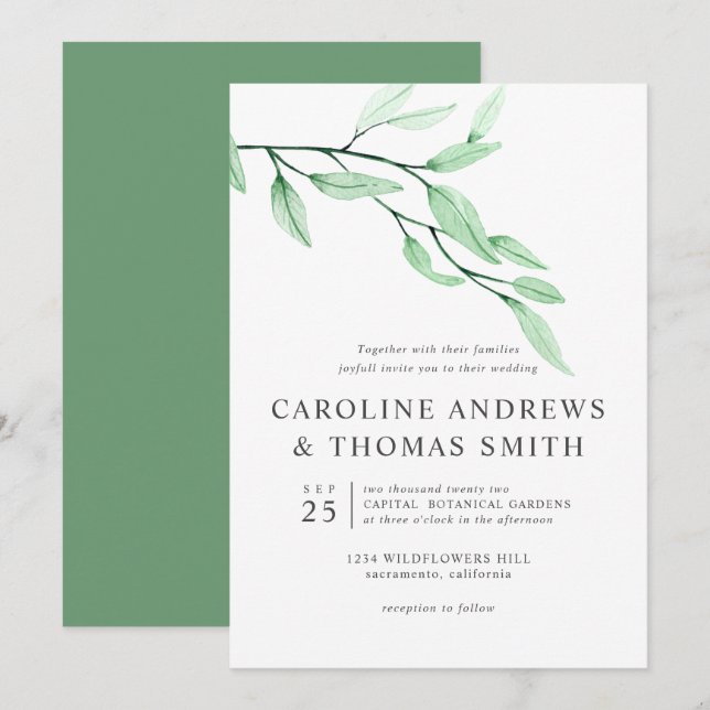 Invitación Ethereal Green | Moda boda de hojas botánicas (Anverso / Reverso)