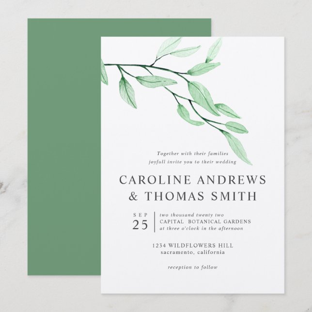 Invitación Ethereal Green | Moda boda de hojas botánicas (Anverso / Reverso)