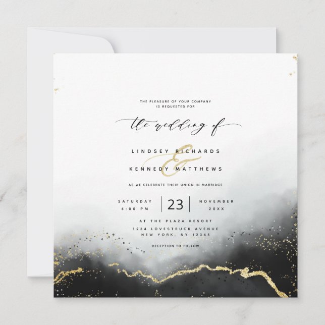 Invitación Ethereal Mist Ombre Black Luxury Square Boda (Anverso)