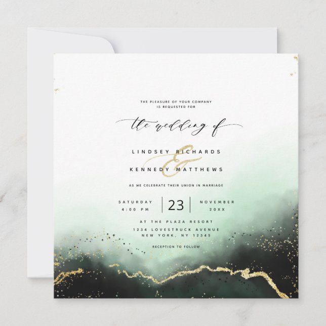 Invitación Ethereal Mist Ombre Green Luxury Square Boda (Anverso)