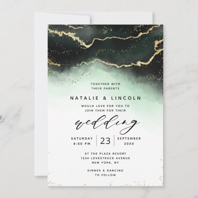 Invitación Ethereal Mist Ombre Green Watercolor Moody Boda (Anverso)