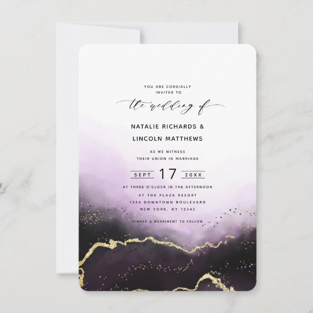Invitación Ethereal Mist Ombre Purple Gold Boda de moda (Anverso)