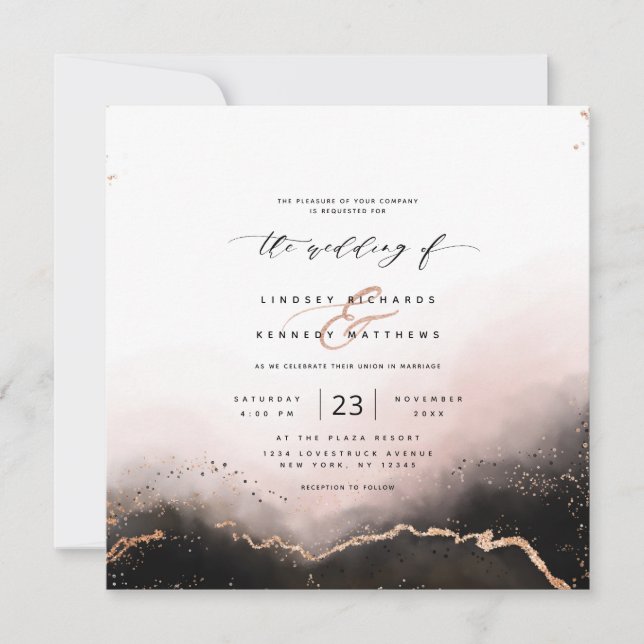 Invitación Ethereal Mist Ombre Rubor Luxury Square Boda (Anverso)