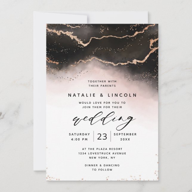 Invitación Ethereal Mist Ombre Rubor Watercolor Moody Boda (Anverso)