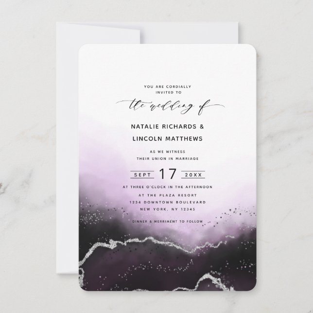 Invitación Ethereal Mist Ombre Ultra Violet Silver Boda (Anverso)