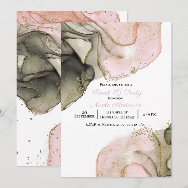 Invitación Ethereal Moody Black Gold Inky Sweet 16 (Anverso / Reverso)