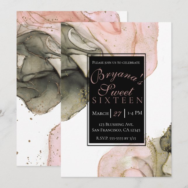 Invitación Ethereal Moody Rosa Negro Dorado Glam Sweet 16 (Anverso / Reverso)