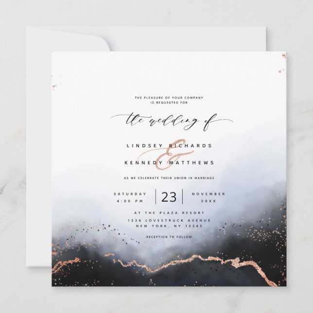Invitación Ethereal Ombre Dusty Blue Luxury Square Boda (Anverso)
