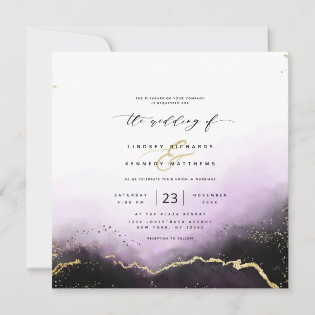 Invitación Ethereal Ombre Purple Gold Boda de plaza de lujo (Anverso)