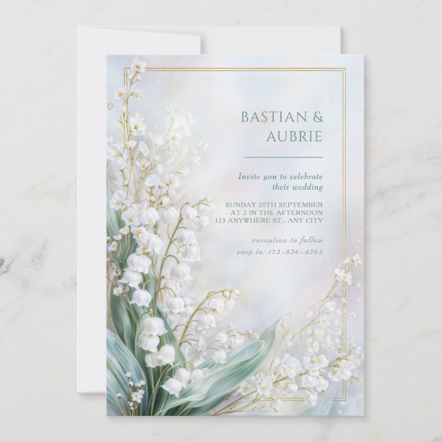 Invitación Ethereal Pastel Lily Valley Gold Frame Wedding (Anverso)