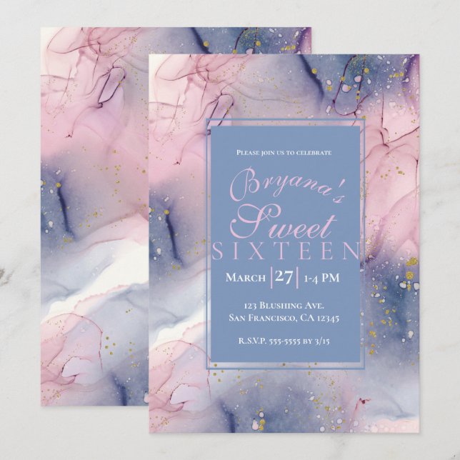 Invitación Ethereal Periwinkle Tinta de oro rosa Fantasía Dul (Anverso / Reverso)