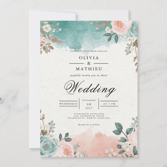 Invitación Ethereal Teal Blush Floral Arch Wedding (Anverso)