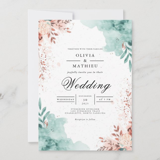 Invitación Ethereal Teal & Blush Flourish Wedding (Anverso)