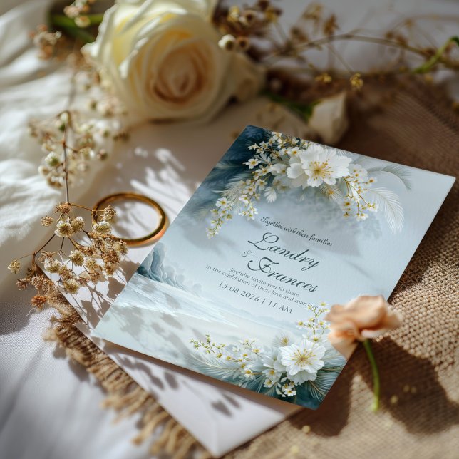 Invitación Ethereal White Floral Coastal Winter Beach Wedding (Subido por el creador)