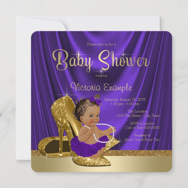 Invitación Ethnic Purple Ballerina Gold Shoe Baby Shower (Anverso)
