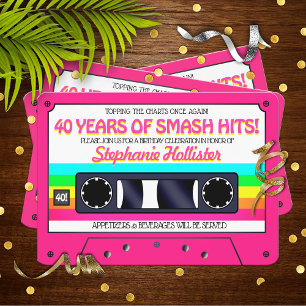 Invitación Etiqueta de cassette rosa neón retro de los 80 par